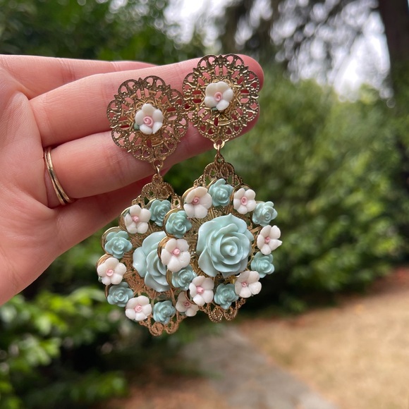 Gold Filigree Rose Earrings dangle drop flowers boho renaissance vintage large - Picture 3 of 10